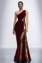 Black Velvet One Shoulder Mermaid Long Holiday Party Dress with Sequins