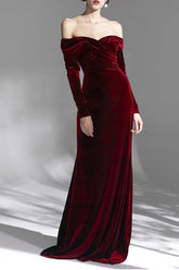 Burgundy Velvet Off the Shoulder Ruched Long Sleeves Evening Dress