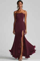 Strapless Chiffon Long Sheath Black Tie Dress with Slit