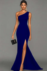 Mermaid Dark Green Satin One Shoulder Long Formal Dress with Slit