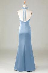 Mermaid Halter Dusty Blue Long Satin Bridesmaid Dress
