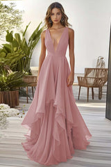 Dusty Blue Chiffon Deep V-Neck A Line Long Wedding Guest Dress with Ruffles