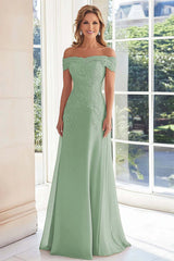 Taupe Off the Shoulder Chiffon Sheath Long Mother of the Bride Dress with Lace