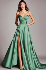 Dusty Blue Satin A Line Strapless Ruched Long Prom Dress with Slit
