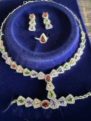 Multicolour Jewellery Set Lariat Necklace Earrings Bracelet Ring