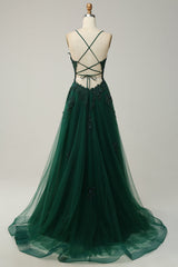 Dark Green Spaghetti Straps Appliques Tulle Prom Dress