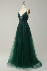 Dark Green Spaghetti Straps Appliques Tulle Prom Dress