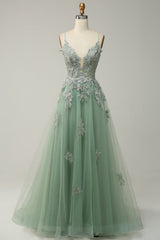 Grey Blue Spaghetti Straps Appliques Tulle Prom Dress