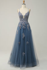 Grey Blue Spaghetti Straps Appliques Tulle Prom Dress