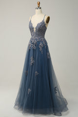 Grey Blue Spaghetti Straps Appliques Tulle Prom Dress