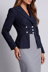 Peak Lapel Navy Sheath Double Breasted Striped Long Work Dress