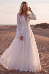 A Line White V-Neck Long Sleeves Beach Western Wedding Dress with Lace