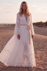 A Line White Long Sleeves V-Neck Beach Western Wedding Dress with Sash