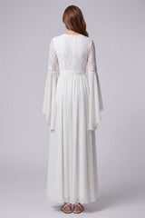 Flare Sleeves White V-Neck A Line Long Beach Wedding Dress with Lace
