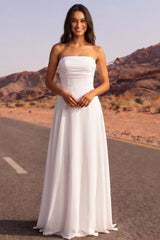 Strapless Ruched A Line White Long Beach Wedding Dress