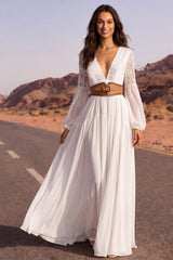 White Long V-Neck Long Sleeves A Line Boho Wedding Dress with Belt