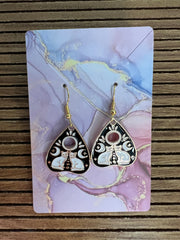 Ouija Board Earrings with Two White Cats Celestial Moon in Gold Enamel