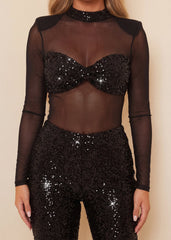 Midnight Memories Sheer Sequin Jumpsuit - Black