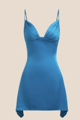V Neck Blue Satin Short Homecoming Dress
