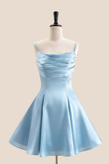 Light Blue Satin Short Dress with Back Bow