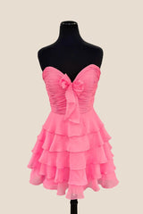 Strapless Red Chiffon Bow Ruffle Short Dress