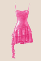 Straps Hot Pink Sequin Ruffle A-line Dress