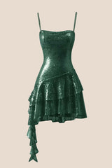Straps Hot Pink Sequin Ruffle A-line Dress
