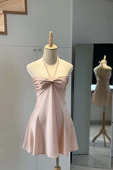 Pink Halter Ruched Short Dress