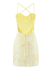 Yellow Floral Appliques Tight Short Dress