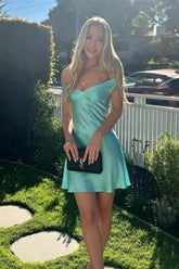 Off the Shoulder Aqua A-line Short Dress
