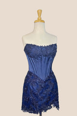 Navy Blue Appliques Corset Tight Short Dress