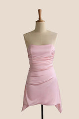 Pink Strapless Satin Draped Short Dress