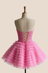 Hot Pink Appliques A-line Ruffle Short Dress