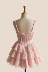 Pearls Square Neck Ruffle A-line Short Dress