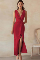 Lilac Satin Sheath Deep V-Neck Long Ruched Work Dress with Slit