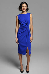 Royal Blue Satin Bodycon Midi Ruched Work Dress with Slit