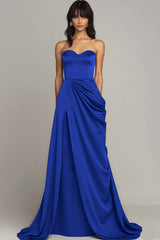Peacock Satin A Line Long Strapless Formal Dress with Slit