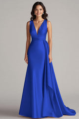 Peacock Deep V-Neck Mermaid Long Satin Formal Dress