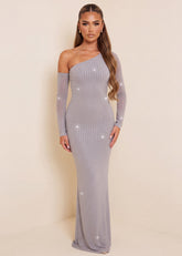 Show Stopper Asymmetric Long Sleeve Maxi Dress - Silver