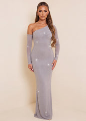 Show Stopper Asymmetric Long Sleeve Maxi Dress - Silver