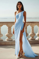 Sky Blue One Shoulder Beach Maxi Formal Dress with Slit