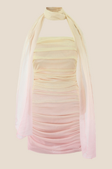 Strapless Multi-color Ruched Short Dress with a Scarf
