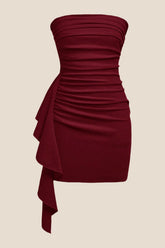 Strapless Burgundy Bodycon Short Dress with Train