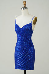 Blue Sequined Tight Backless Short Homecoming Dress
