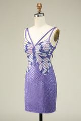 Spaghetti Straps Purple Tight Sequins Short Homecoming Dress