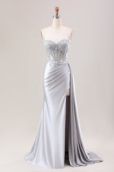 Silver Mermaid Pleated Sheer Long Corset Satin Prom Dress With Slit