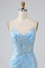 Sparkly Light Blue Mermaid Spaghetti Straps Long Prom Dress With Beading