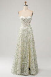 A-Line Light Green Corset Prom Dress with Embroidery