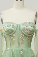 Green Off Shoulder Floral Long Prom Dress