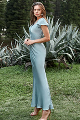 Sky Blue Satin Long Prom Dresses with Ruffles